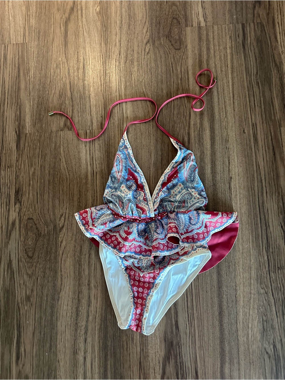 Zimmermann Pink and Blue Paisley Halter Ruffle One-Piece